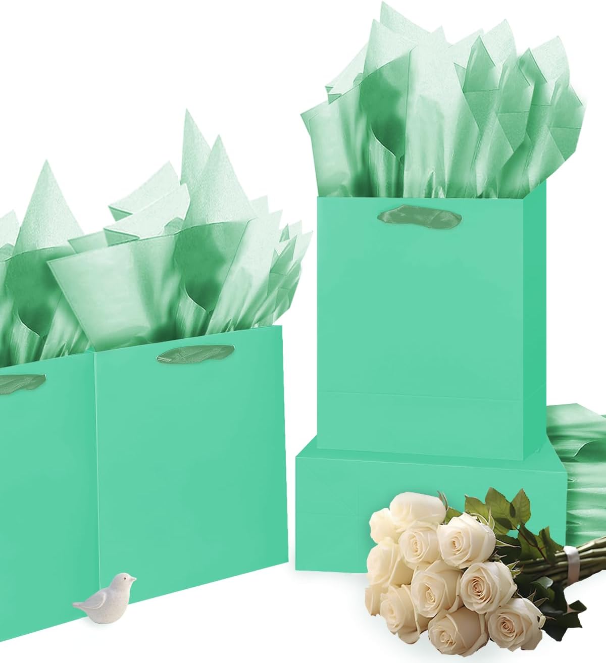 Gcardist Lake Green Gift Bags with Tissue Paper for Wedding, Birthday, Party Supplies-7.9"x4.3"x9.6" Medium Size Cardboard Gift Bags（5pcs Bags +10pcs Tissue Paper ）