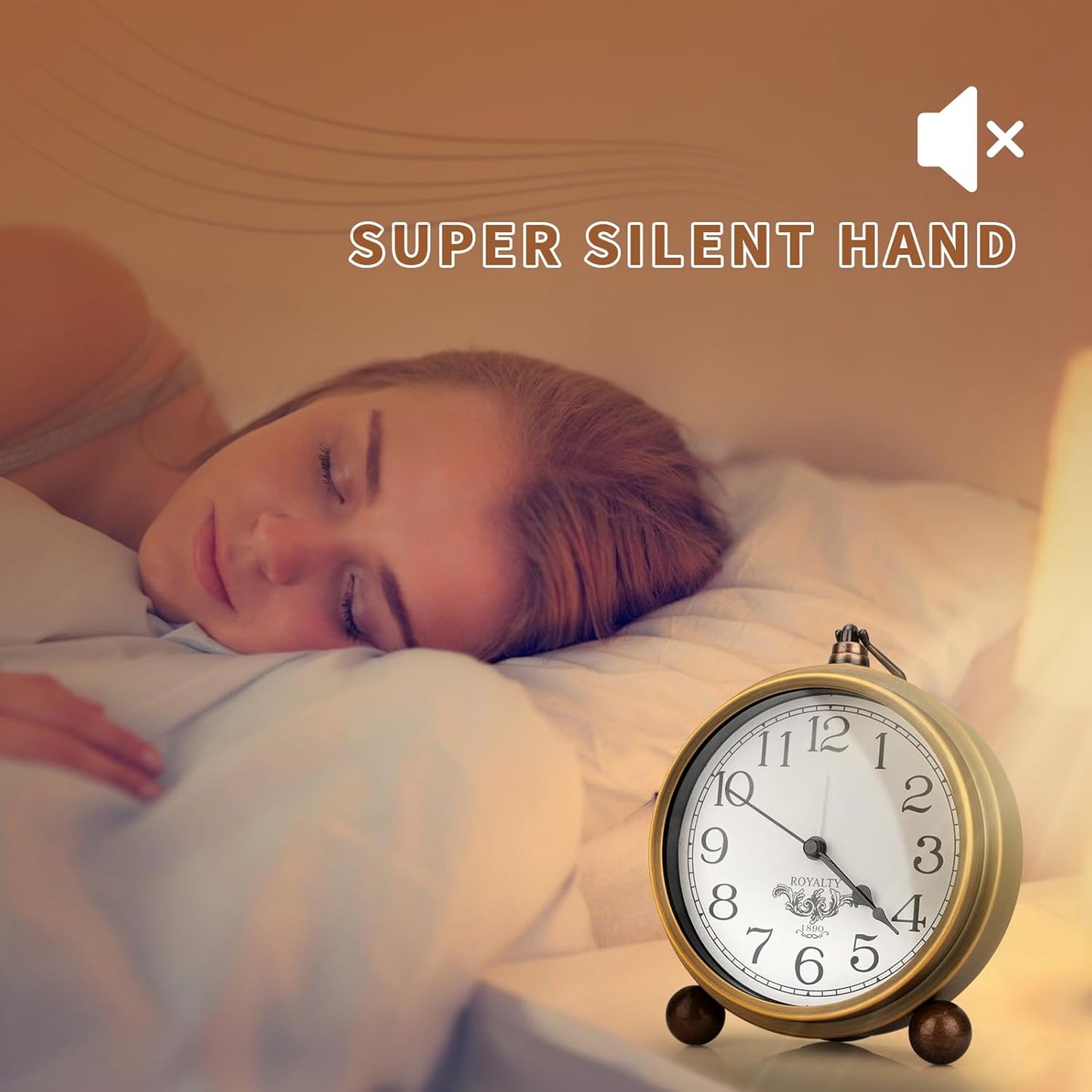 Maxspace Metal Golden Table Clock, Retro Vintage Non-Ticking Small Alarm Clock,Battery Operated Silent Quartz Movement HD Glass Desk Clock for Bedroom Living Room Indoor Decoration Kids… (Arabic2)