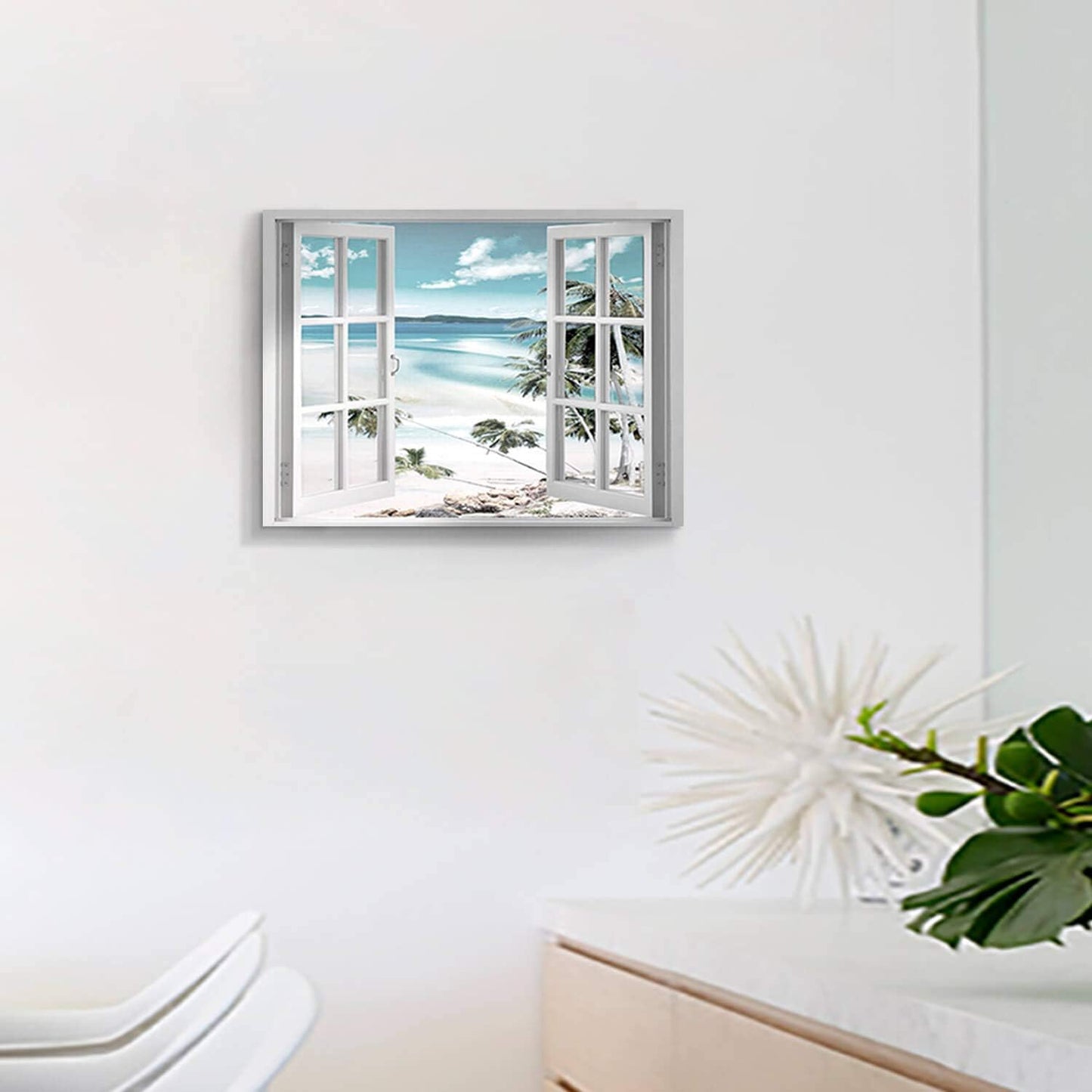Open Windows Canvas Wall Art: Beach with Coastal Palm Graphic Artwork Print on Wrapped Canvas for Wall Decor(24''x18'')