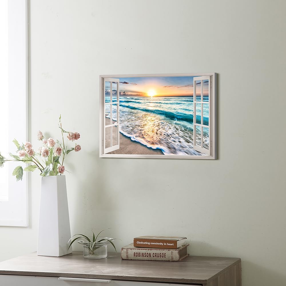 beach canvas window wall art: beach picture coastal artwork seascape ocean scene prints - looking out fake window wall decor for bathroom 12"x16"