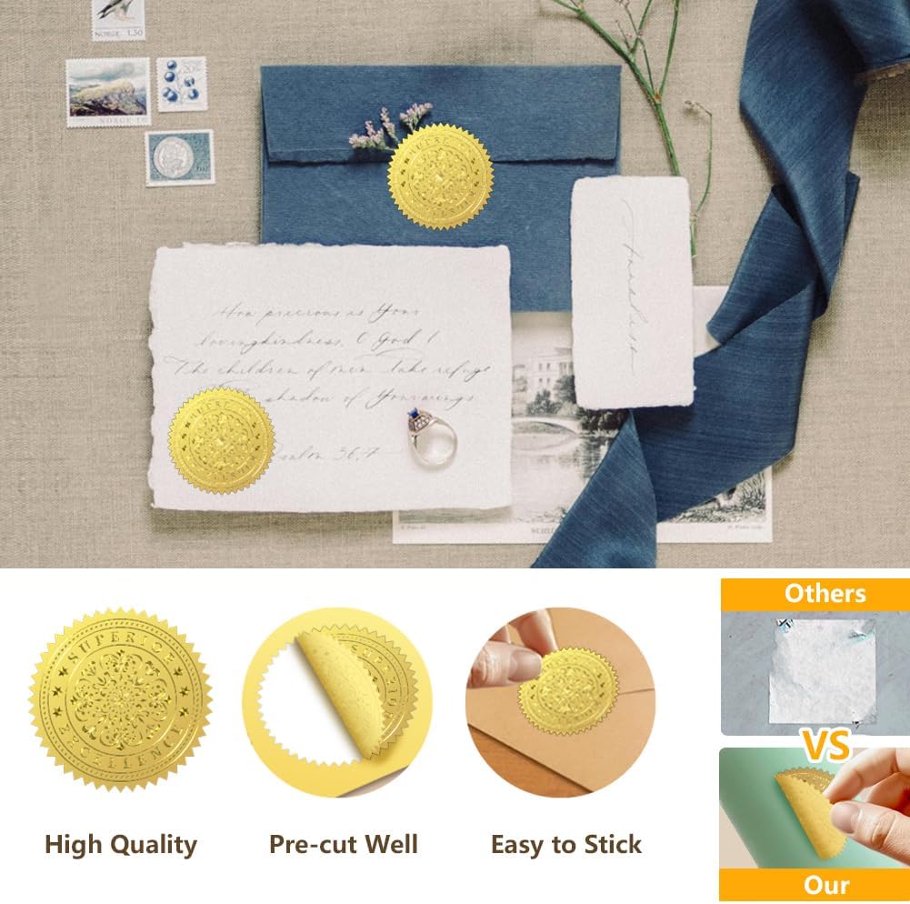 Peacoblue Gold Foil Stickers Seals Embossed 2 Inch 100Pcs Pretty Things Inside, Self Adhesive Gold Around Embossing Sticker for Gift Card Present Decoration Certificate Paper Envelope Seal