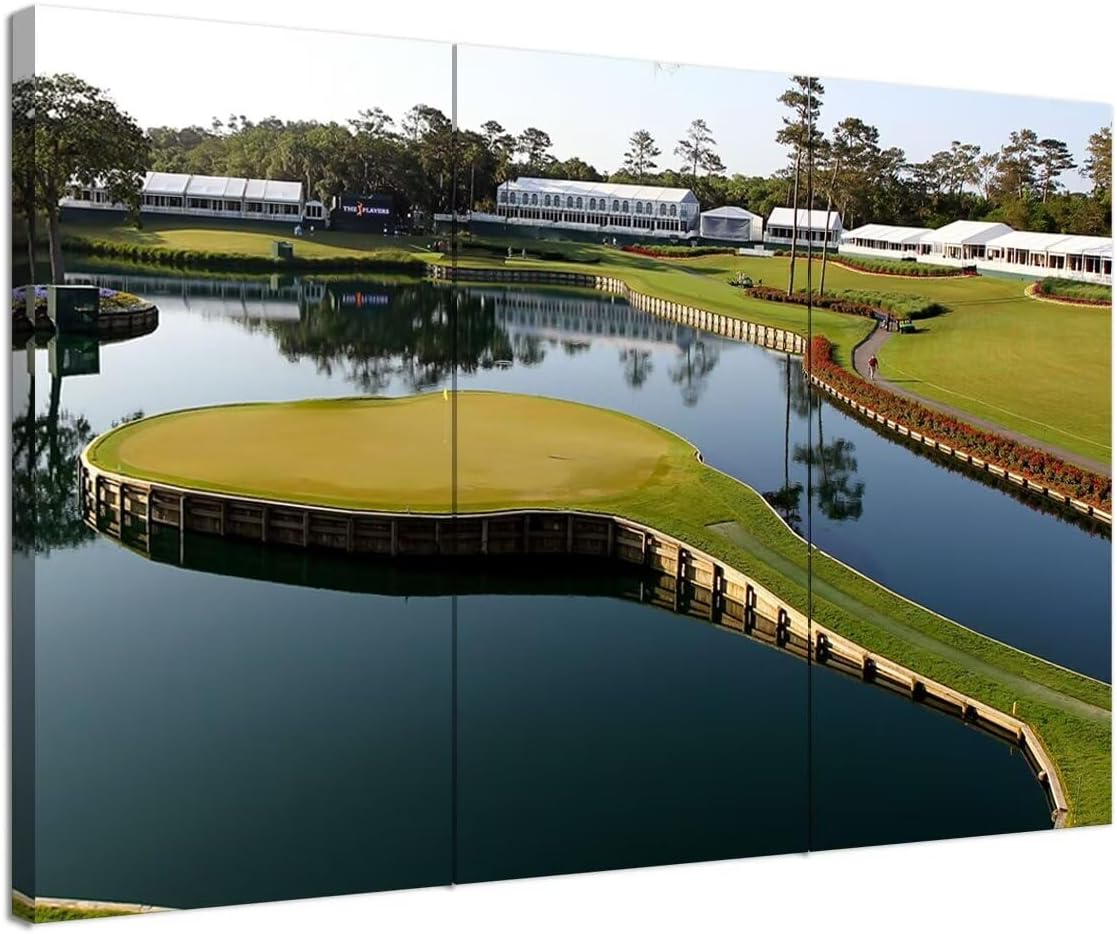 chenchenArt USA Golf Course Wall Art for Living Room Bedroom Bathroom Home Decorations TPC Sawgrass Golf Course Pictures Posters Canvas Prints Modern Artwork Framed Ready to Hang(14''W x 28''H x3)