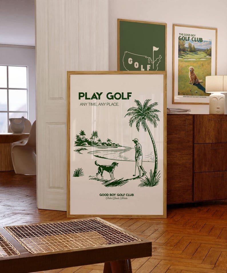 Nationcog Play Golf Poster, Golden Retriever Dog on Golf Course Wall Art, Retro Beach Scene Sketch Print, Vintage Golf Print, Great Gift Idea for Players and Coaches (Unframed) (24x36)