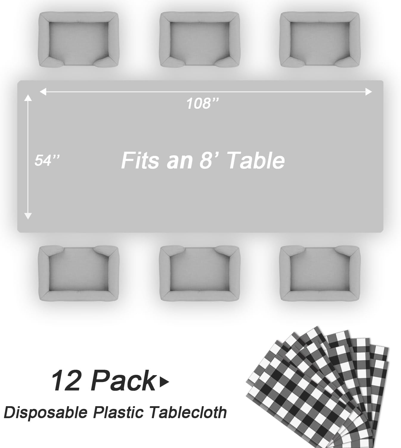 QIKSION Black Gingham Tablecloth Disposable 12 Pack, 54 x 108 Inch Black and White Checkered Table Cloth for Rectangle Tables, Plastic Table Cover