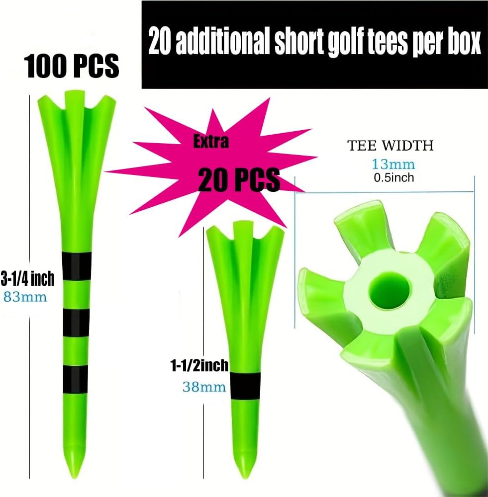 SWINGTEK 120 Pack Plastic Golf Tees,Contain 100 pcs 3-1/4 Inch Unbreakable Long Tees and 20 Short Tees,Mixed Color,Frictional Resistance Reduction