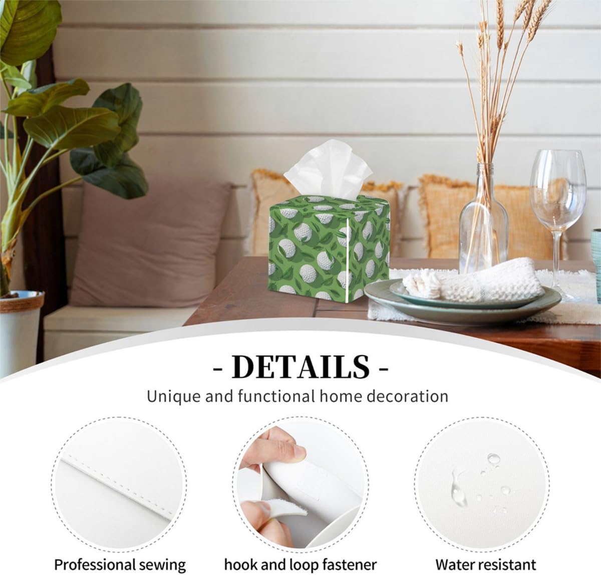 Square Leather Tissue Box Cover, Waterproof Napkin Dispenser with Golf Sports Golf Ball Print, Tissue Holder for Bathroom, Living Room, Bedroom, Office, and Car Decor