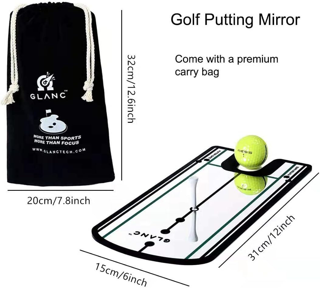 GLANC Golf Putting Alignment Mirror (12” x 6”), Putting Training Aids with Carry Bag for Indoor & Outdoor Use, Trainer Putting Practice Mirror for Improving Technique Accuracy Posture