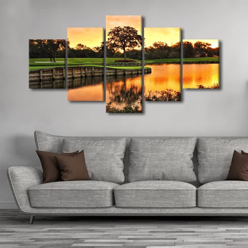 American Florida Wall Art TPC Sawgrass Golf Course Photos Large Golf Course Field Poster Prints Canvas 5 Panels Wall Art for Living Room Home Bedroom Office Wall Decor Framed Ready to Hang - 60"Wx32"H