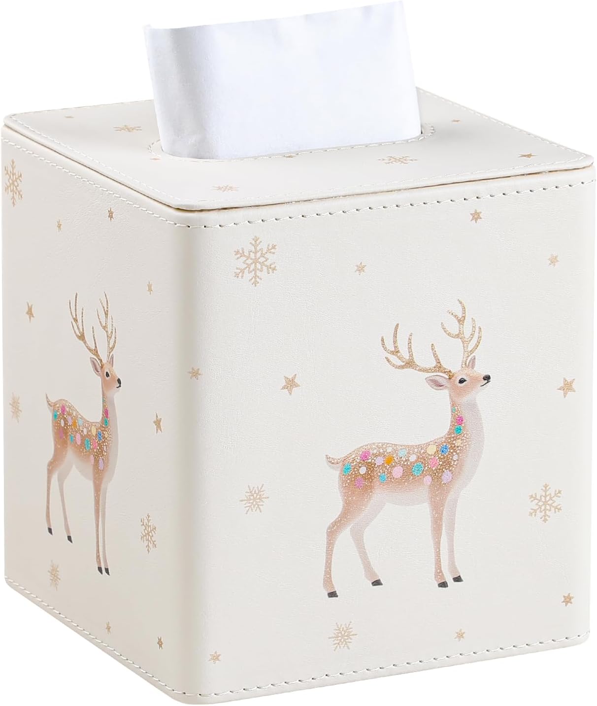 Christmas Tissue Box Cover Square, PU Leather Tissue Box Holder with Magnetic Closure for Bathroom Livingroom Bedroom, Christmas Decorations Cube Tissue Holder (Reindeer)