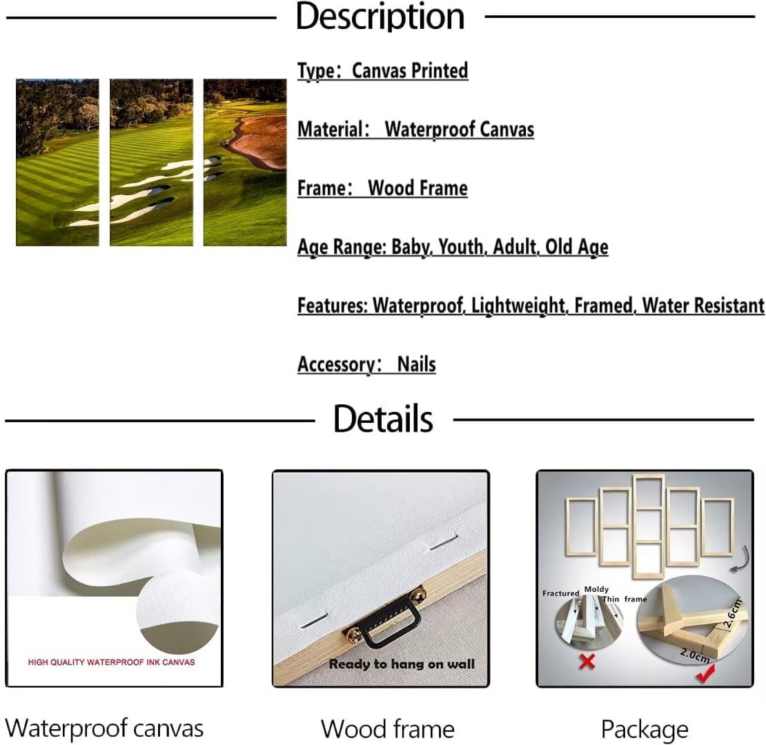 USA California Golf Course Canvas Wall Art for Living Room Bedroom Bathroom Home Decorations Golf Artwork Canvas Prints Modern Framed Artwork Ready to Hang(12''W x 24''H x3)