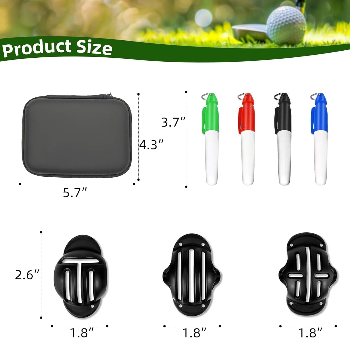 Golf Ball Marker Set with Carry Case, 3 Golf Ball Marking Stencils and 4 Color Golf Ball Markers, Golf Ball Marker Liner Marker, Golf Ball Alignment Marking Tool
