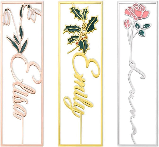 Personalised Bookmark Hand-Made Watercolor Birth Flower Engraved Floral Bookmark with Name Custom Metal Bookmarks Mothers Day Birthday Gifts Retirement for Ladies Women Bookworms Readers