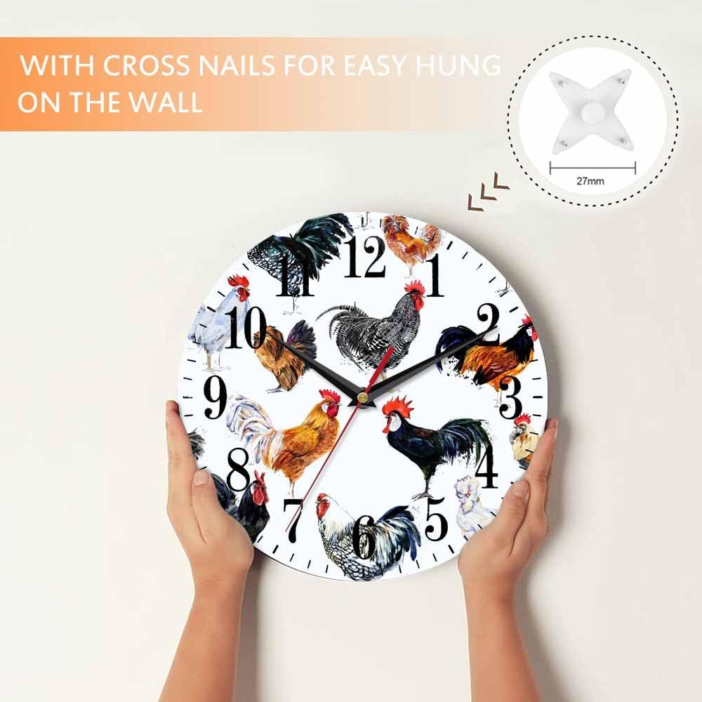 Mxocom Roosters Wall Clock Farm Watercolor Hen Chicken Pattern 10 Inch Silent Non Ticking Battery Operated Clock Vintage Round Clock for Living Room Bedroom Bathroom Office Decor