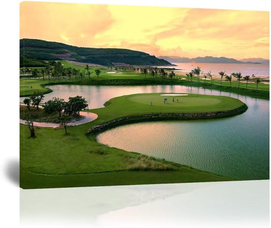 HJY Art USA Golf Course Wall Art for Gym Pebble Beach Golf Course Wall Decor Yellow Green Abstract Painting Poster for Home Decor Living Room Bedroom Bathroom Office Artwork (28 x 44 inch)