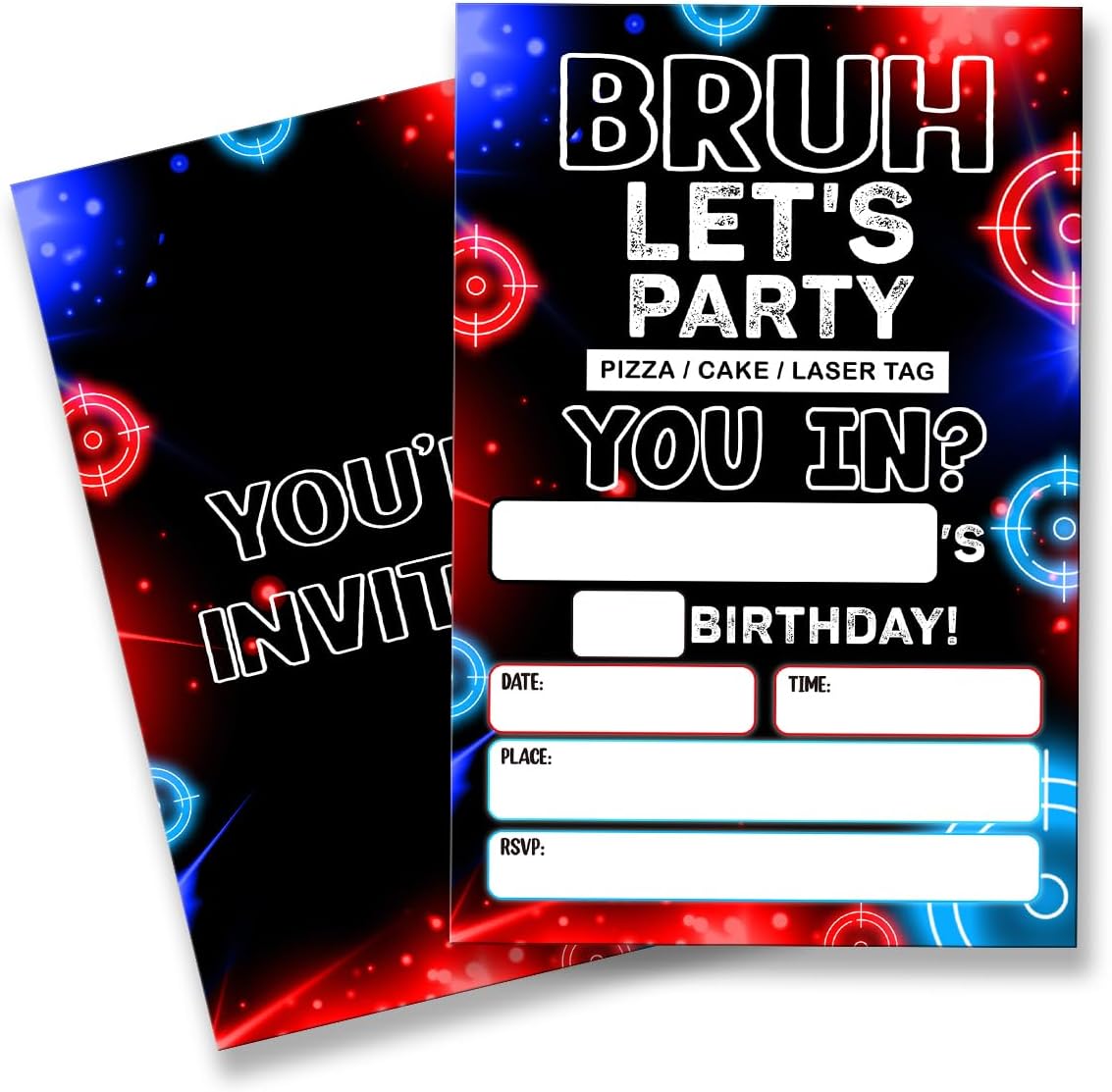 Laser Tag Birthday Invitation Supplies with Envelopes Set of 20 Bruh Neon Glow Laser Party Invite Fill in Blank, Double Sided
