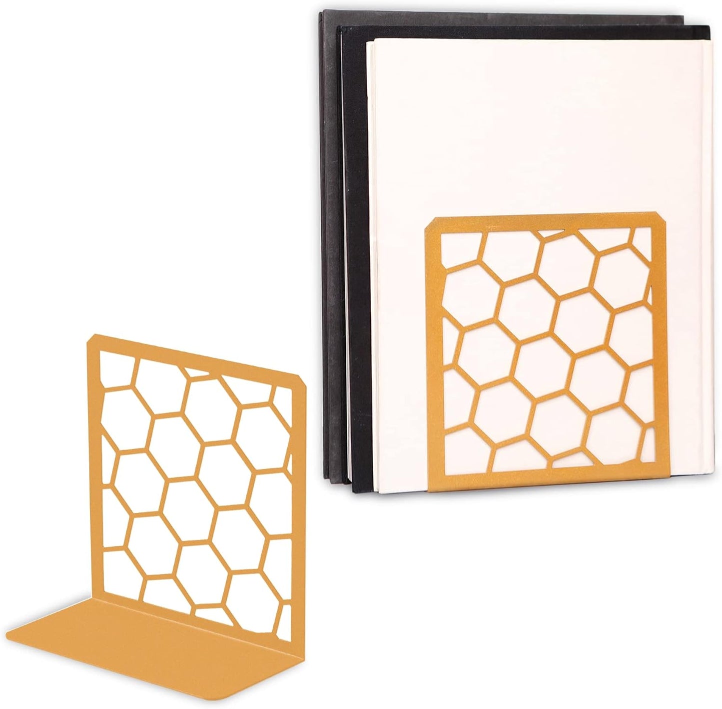 GEOMOD Geometric Honeycomb Gold Metal Bookends Decorative - Tall Sturdy Book Ends for Shelves - Modern Heavy Duty Bookend Stopper - Office or Home Book Shelf Book Holder - 6x3.25x6.25 Inches - 2 Pair
