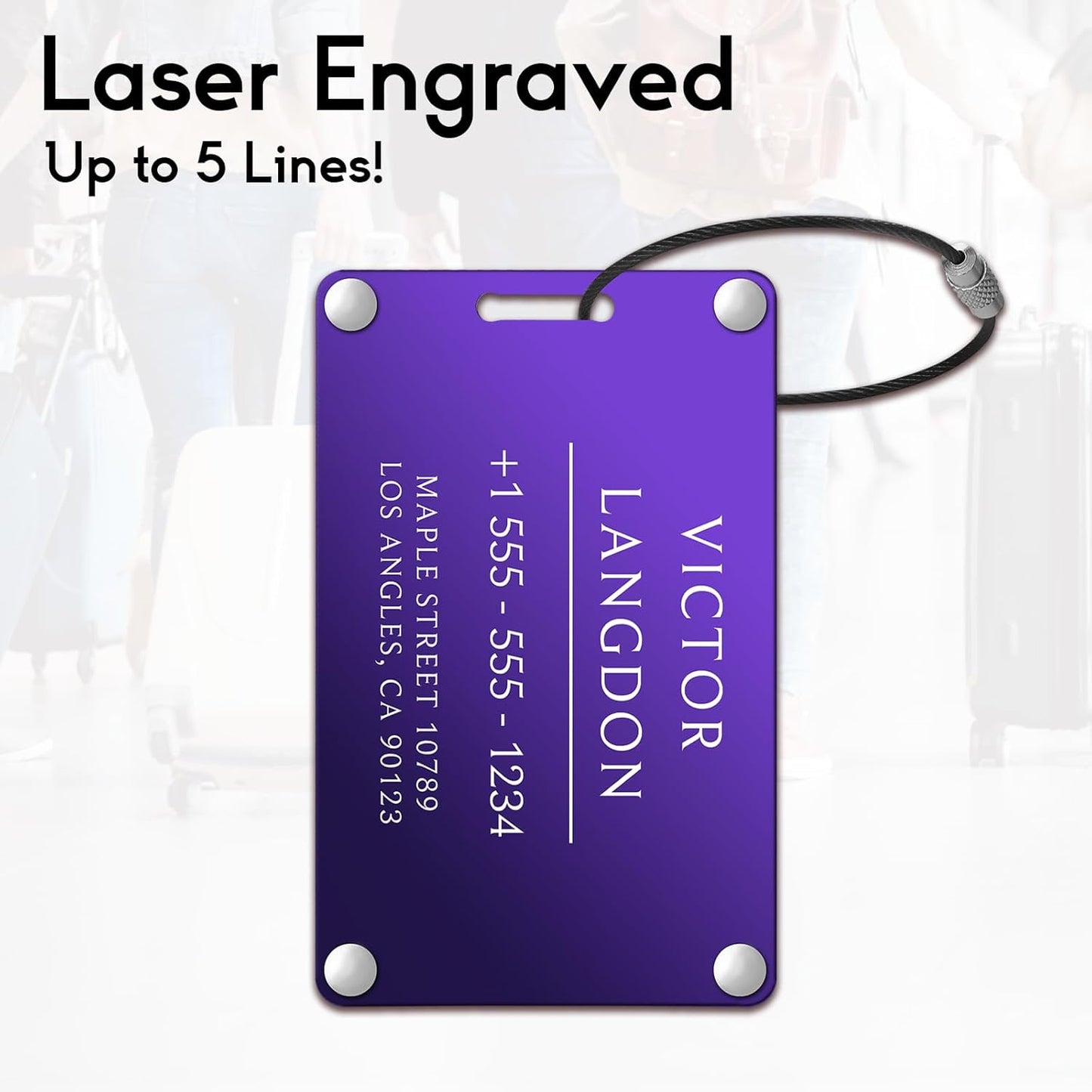 Personalized Luggage Tags for Suitcases - Aluminum Custom Luggage Tags for Backpacks & Bags, Sturdy, Waterproof & Heavy Duty (Purple/Card-Sized)