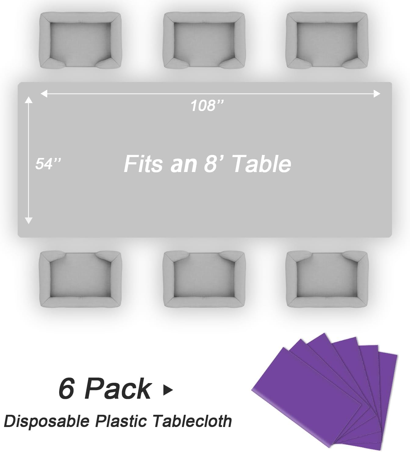 QIKSION Plastic Table Cloth Disposable 6 Pack, 54 x 108 Inch Tablecloths for Rectangle Tables, Purple Plastic Table Cover