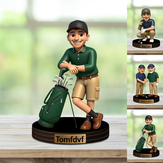 Personalized Golf Photo Cartoon Desktop Decor Custom 2D Golfer Portrait Figurine Plaque with Name Golf Lover Acrylic Sculpture Desk Sign Ornament for Men Women Family Couple Christmas Birthday