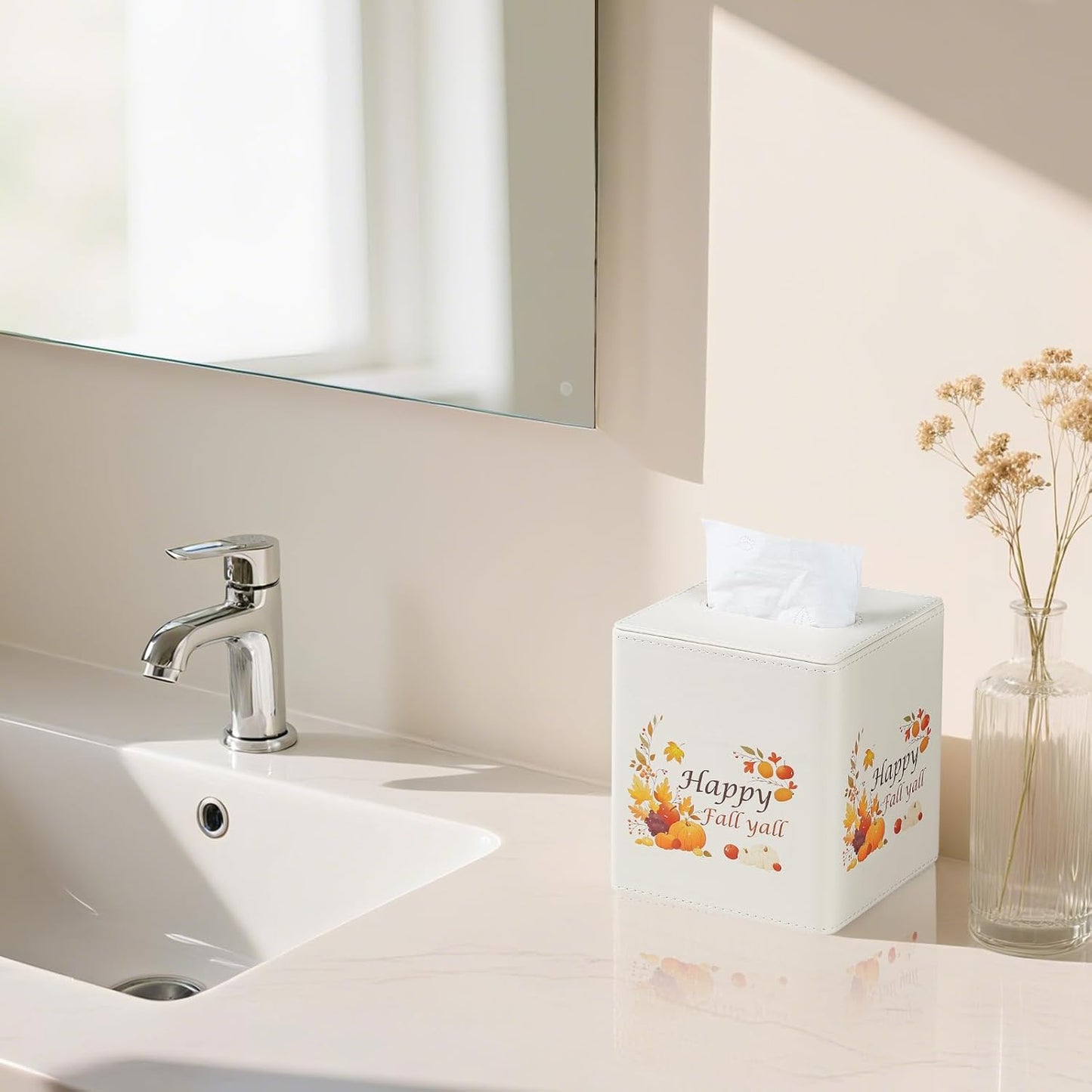 Fall Decor Tissue Box Cover, PU Leather Tissue Box Holder with Magnetic Closure for Home, Square Tissue Holder for Harvest Autumn Season Halloween Thanksgiving