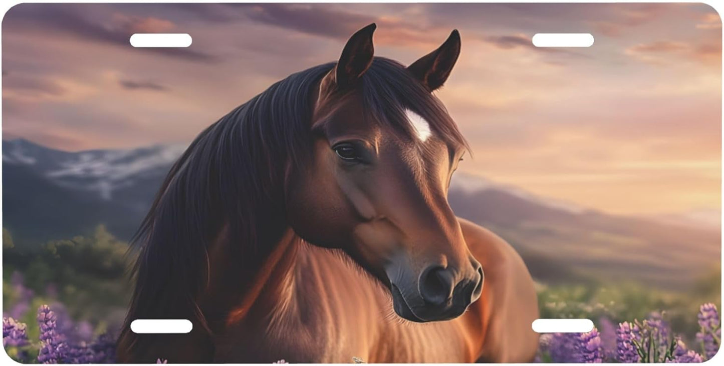 Front License Plate for Car Designs Brown Animal Horse Stainless License Plate Cover Holder for Men Women Metal Aluminum Decorative Accessory Vanity Tag Standard 6 X 12 inch (4 Holes)