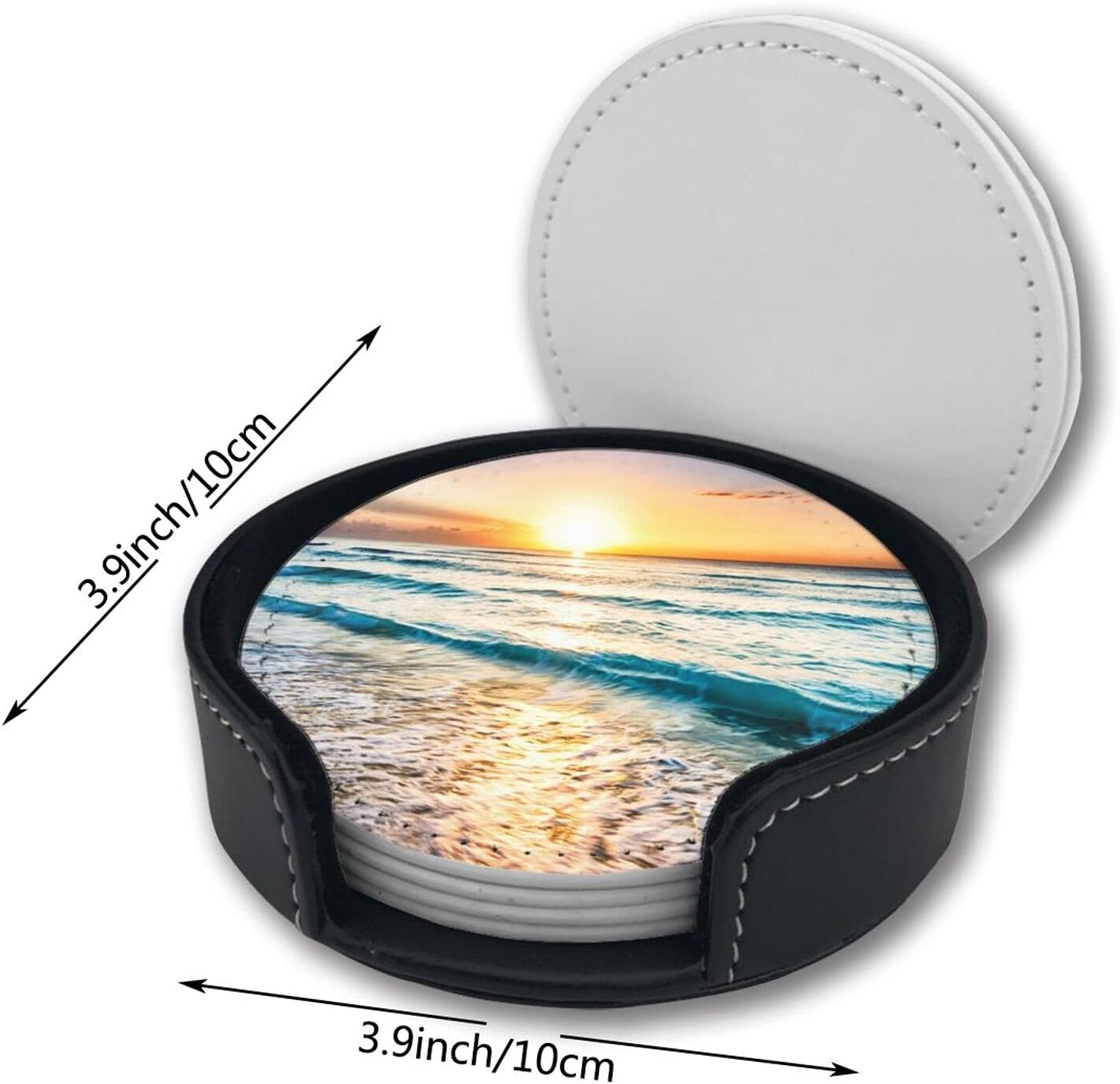 Ocean Theme Sand Beach Wave Sea Water Pattern Leather Drinks Coasters with Holder Set of 6, Suitable for Kinds of Cups