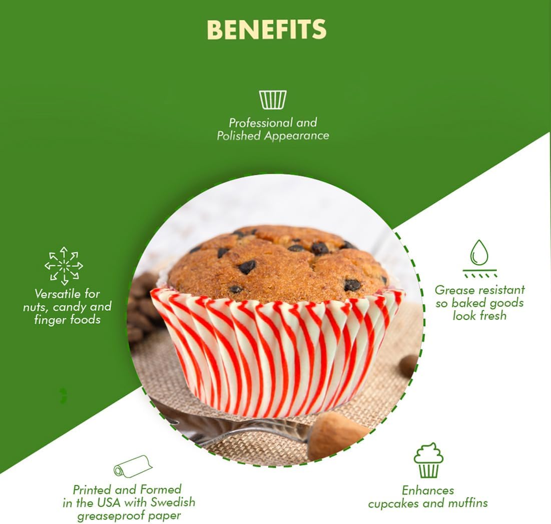 Regency Wraps Greaseproof Professional Grade Baking Cups, Pack of 40, Standard Liners, Red Pisa Stripe, for Cupcakes, Muffins, Candy, Non Stick