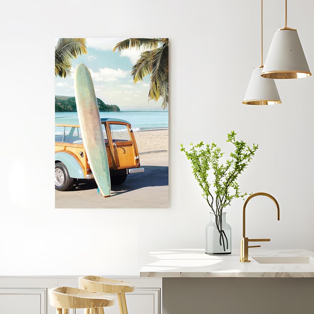 coastal wall art surfboard pictures: beach car wall decor seaside artwork surfing ocean print in beach canvas painting for living room 45" x 30"