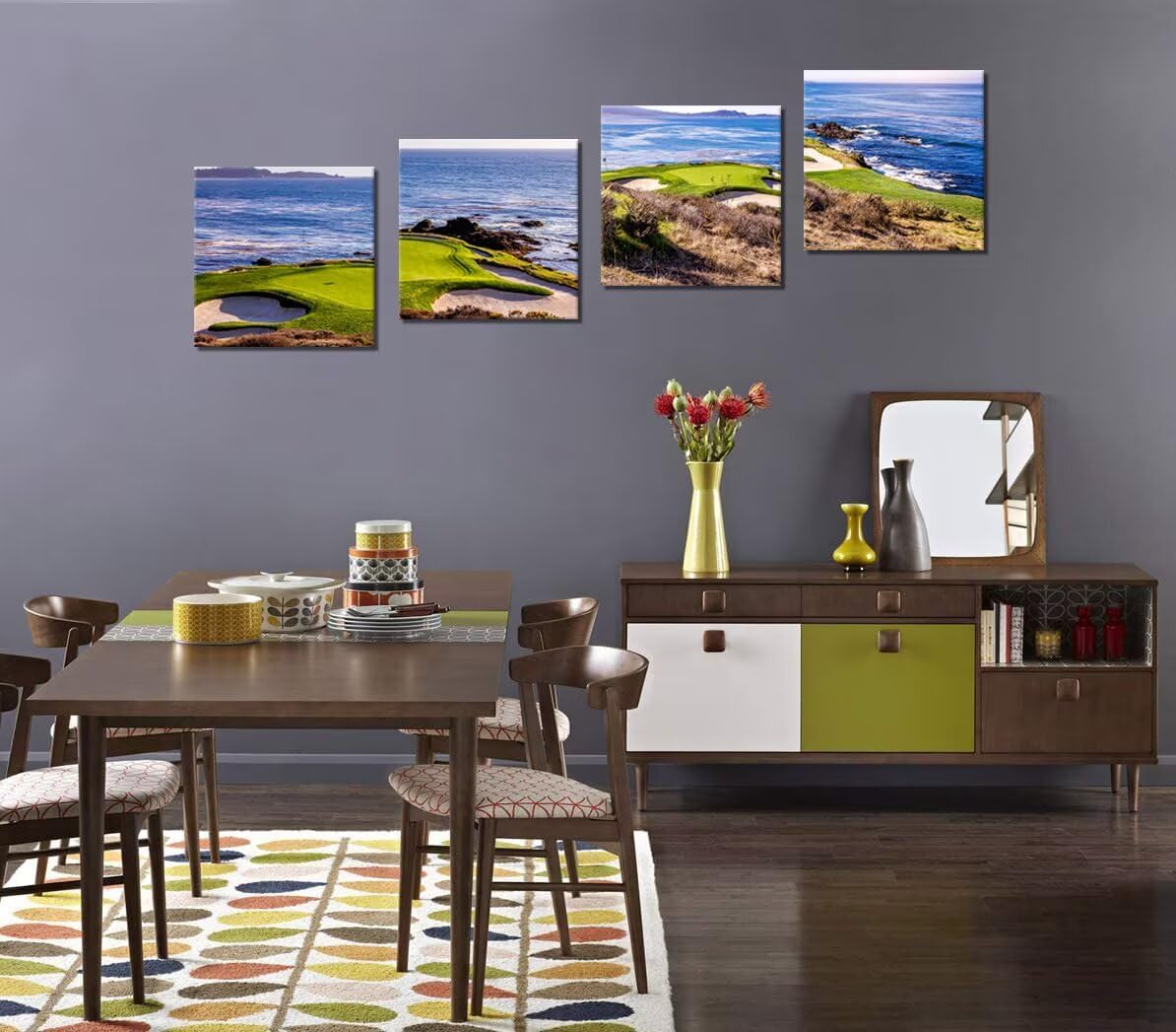 Pankila USA California Golf Course Wall Art Golf Pictures Canvas Prints Coastline Golf Course Wall Decor for Living Room Bedroom Home Decorations Painting Framed Artwork (12''W x 12''H x 4)