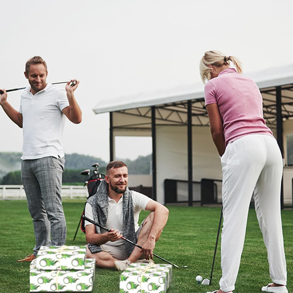 WAPLIGHAL Golf Wrapping Paper - 28 x 40 Inches - White Background with Green Flame Golf Ball Design - Perfect for Birthdays, Holidays, Father’s Day