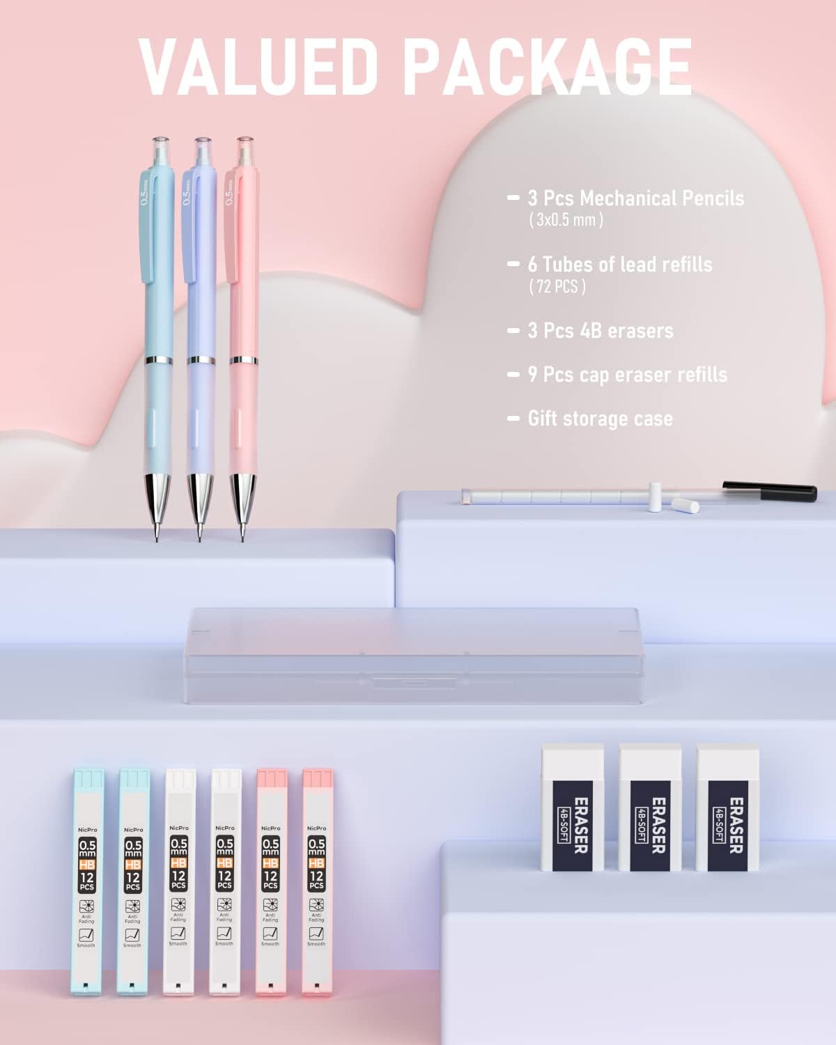 Nicpro 3PCS Pastel Mechanical Pencil Set, 0.5 Mechanical Pencils with 6 Tube HB Lead 0.5mm, 3 Eraser and 9 Eraser Refill & Case, Aesthetic School Supplies for Drafting Sketching, Drawing & Writing