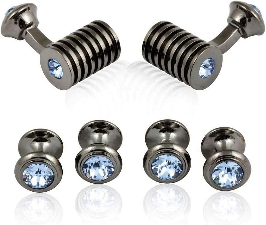 Cuff-Daddy Gunmetal Light Blue Sapphire Barrel Crystal Cufflinks and Studs Formal Set with Jewelry Presentation Box Storage Travel Special Occasions