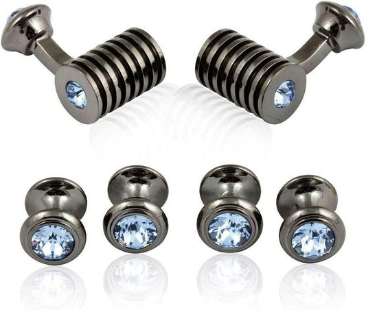Cuff-Daddy Gunmetal Light Blue Sapphire Barrel Crystal Cufflinks and Studs Formal Set with Jewelry Presentation Box Storage Travel Special Occasions