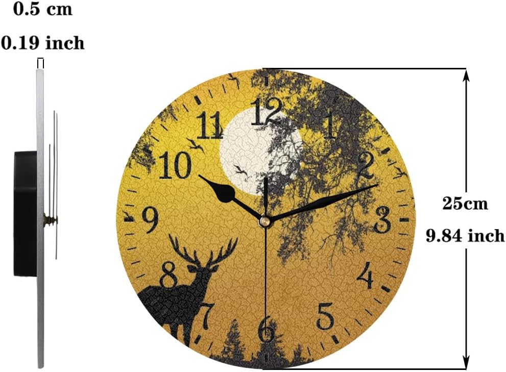 Wall Clock without Ticking Sound - 25cm Silent Round Clocks Battery Operated Modern Decorative Style Easy to Read for Living Room/Kitchen/Bedrooms/Office/Home Decor/Hallway (Deer at Sunset)
