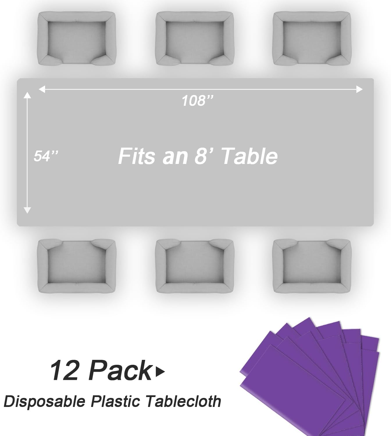 QIKSION Plastic Table Cloth Disposable 12 Pack, 54 x 108 Inch Tablecloths for Rectangle Tables, Purple Plastic Table Cover