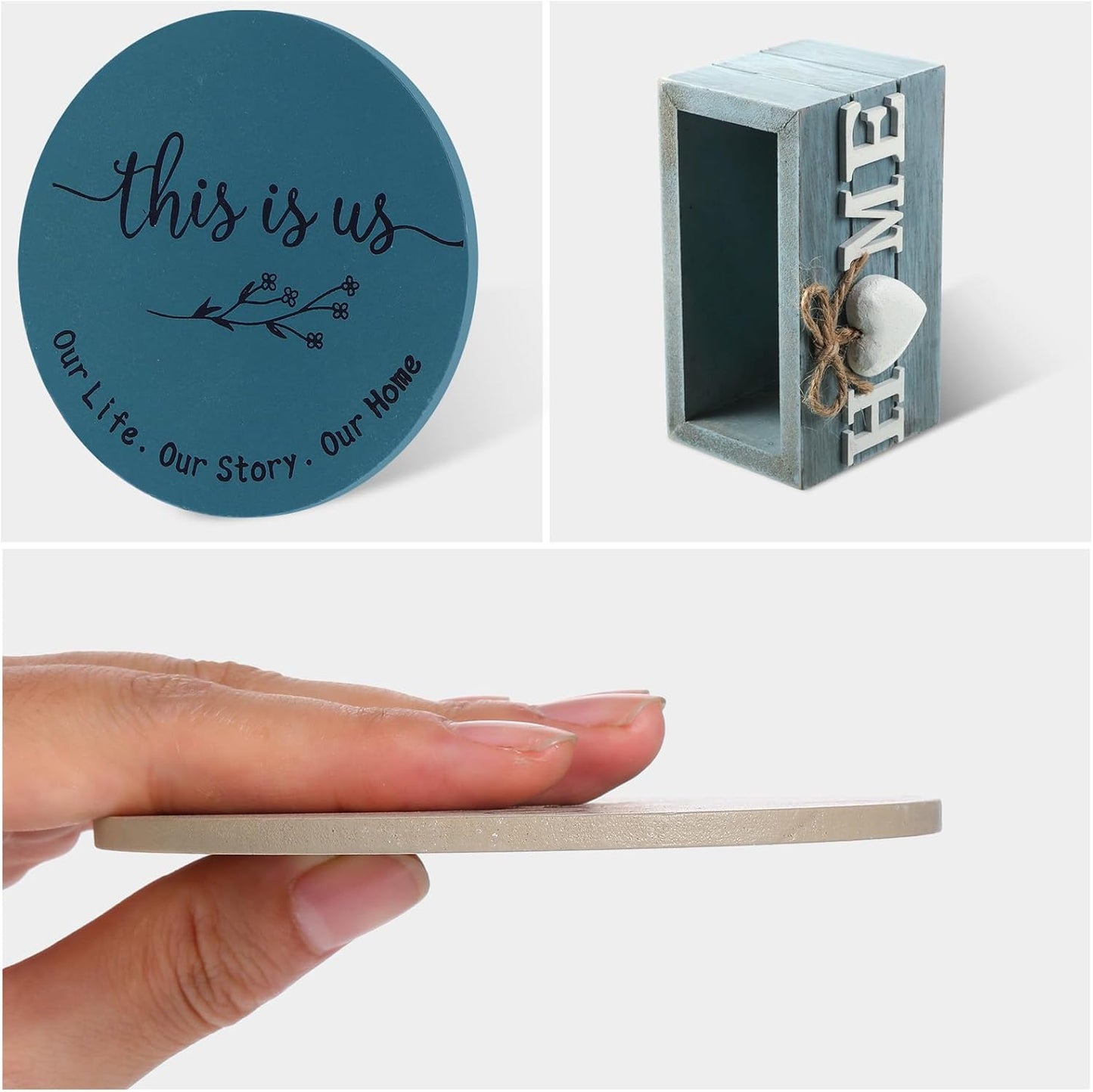 Queekay Housewarming Gifts for Home Decoration Wooden Heart Coasters for Drinks 6 Set Farmhouse Coasters with Holder Funny for Family Coffee Table Protection, 4''(Ocean Color)