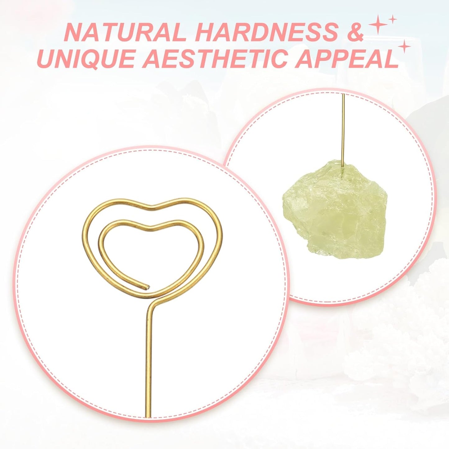 PATIKIL Table Number Holder, 1Pcs Photo Clip Holders Crystal Stone Quartz Desk Card Holder Raw Heart Shape Iron Memo Note Photo Stand for Wedding Party Home Office Decor, Yellow