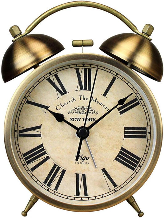 Maxspace Metal Golden Table Clock, Retro Vintage Non-Ticking Small Alarm Clock,Battery Operated Silent Quartz Movement HD Glass Desk Clock for Bedroom Living Room Indoor Decoration Kids… (Roman3)