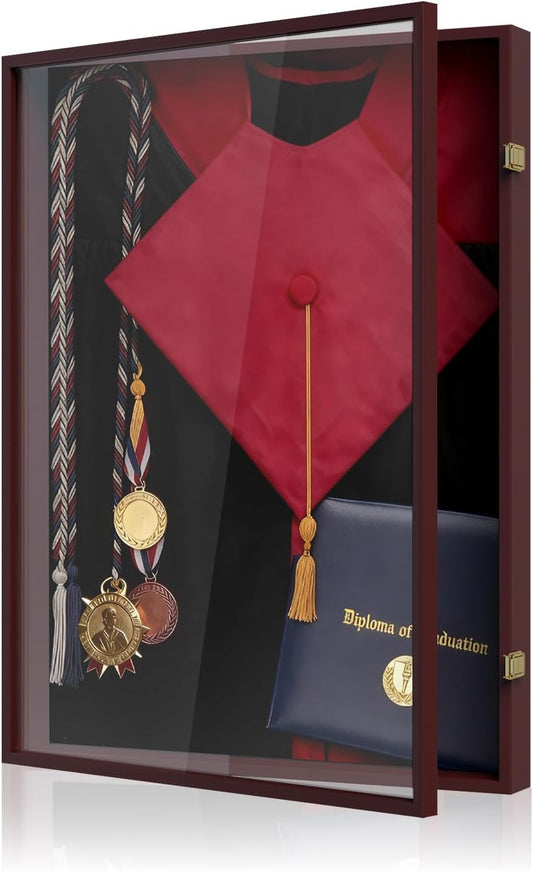 Graduation Shadow Box 17x23 Inch - Large Deep Display Frame for Cap, Gown, Diploma & Awards - College University Keepsake Memory Box in Mahogany