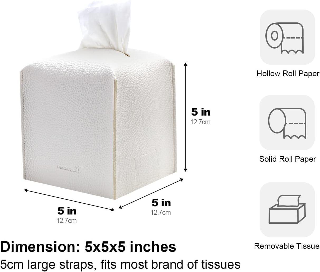 Tissue Box Cover 5X5X5'' PU Leather Tissue Holder Square Tissue Cube Box Organizer for Bathroom Vanity Countertop, Car, Night Stands, Office, Home, Kitchen (2Pack, White)