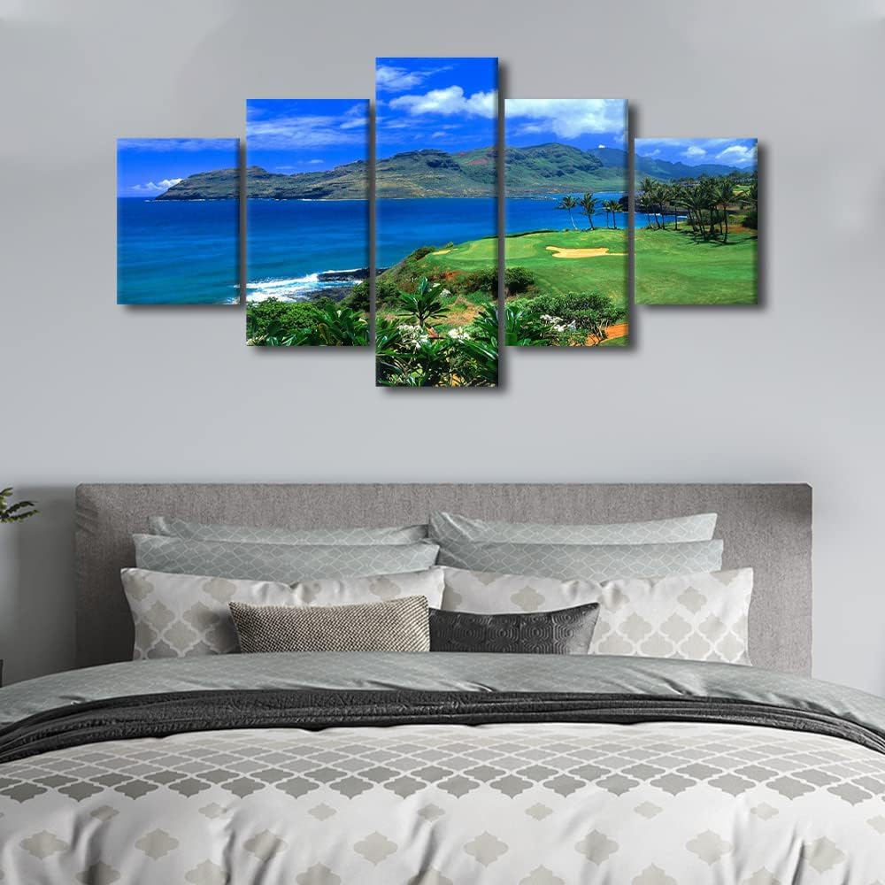 Golfing Wall Pictures for Living Room Golf Course Paintings Artwork 5 Piece Green Canvas Wall Art HD Prints Giclee Modern House Decor Wooden Framed Gallery-Wrapped Ready to Hang - 60" W x 32" H