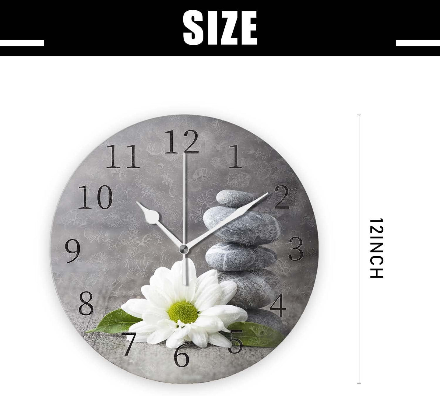 Battery Operated Wall Clocks 12 Inch,Grey Stone and Flowers,Silent Home Decor for Bathroom,Living Room,Bedroom