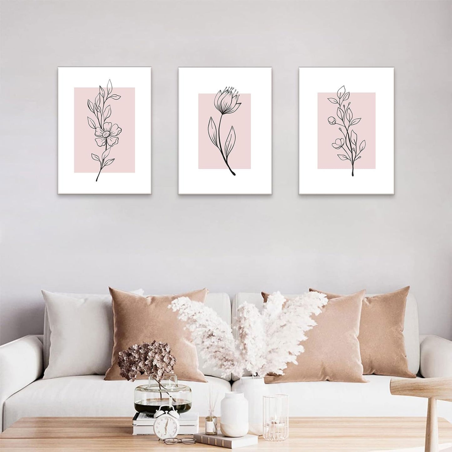 MTFBWY Floral Wall Art Line Flower Canvas Print Pink Botanical Pictures Poster Home Wall Decor Framed Minimalist Painting Artwork Set of 3 for Bedroom,Living Room Bathroom 12"x16"