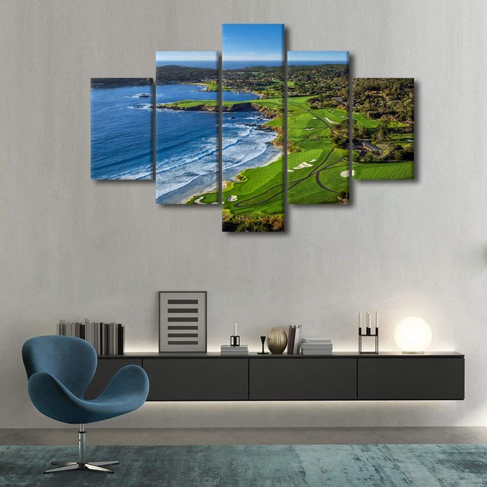 Large Modern Golf Course Wall Art Home Decor Pebble Beach Golf Course Canvas Painting for Living Room Prints and Poster HD Pictures Office Wall Decoration Stretched and Framed 5 Piece(60" W x 40" H)