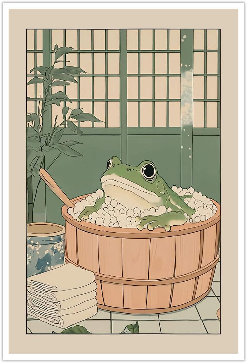Funny Bathroom Wall Art Japanese Aesthetic Frog in a Bathtub Posters Cute Animal Canvas Prints Vintage Neutral Minimalist Wall Decor for Apartment Dorm 16x24in Unframed