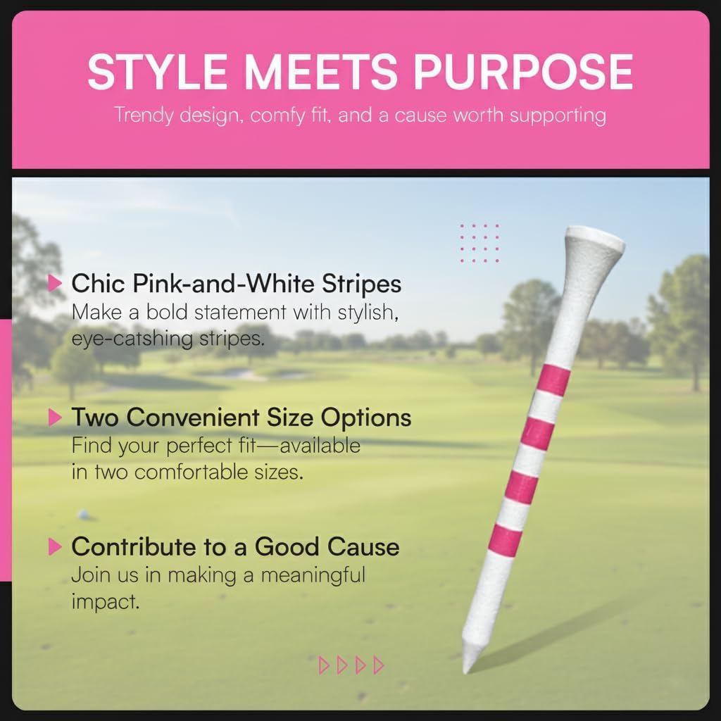 Bamboo Golf Tees Supporting Breast Cancer Research | 10% Profit Donation | Two Size Options (2 3/4" & 3 1/4") | Striped Pink and White | Biodegradable & Eco-Friendly