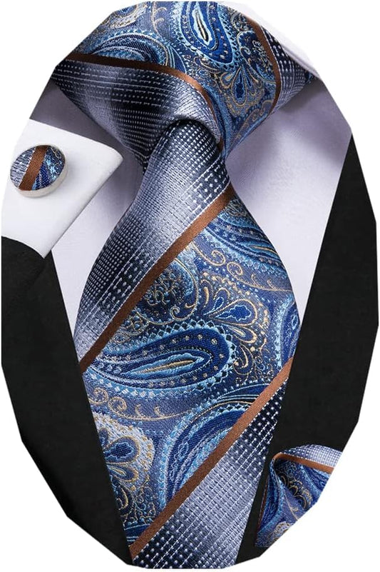 Dubulle Mens Paisley Striped Tie WOVEN Necktie for Men and Handkerchief Cufflinks Set Wedding Formal Business