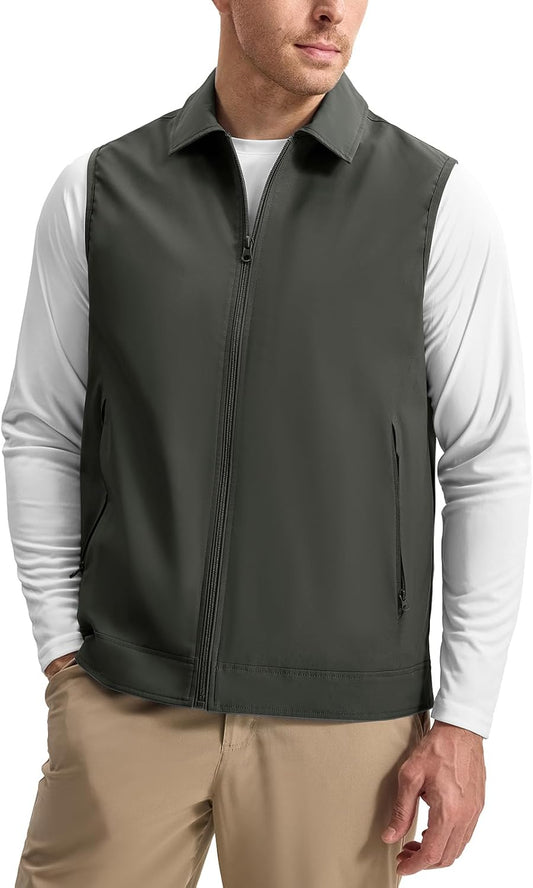 Rdruko Men's Golf Vest Lightweight Outerwear Windproof Water Resistant Grid Lining Vest with Zipper Pockets for Casual