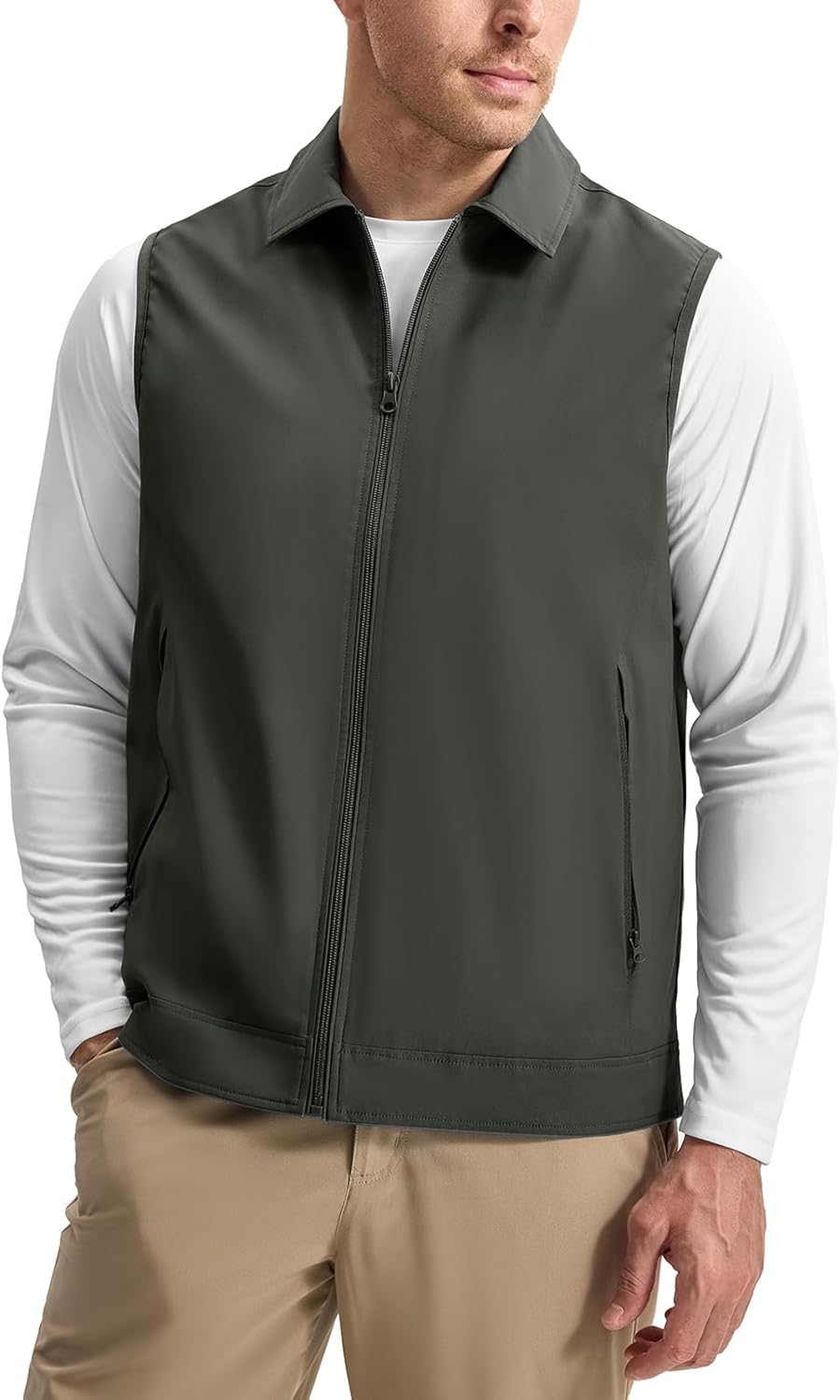 Rdruko Men's Golf Vest Lightweight Outerwear Windproof Water Resistant Grid Lining Vest with Zipper Pockets for Casual