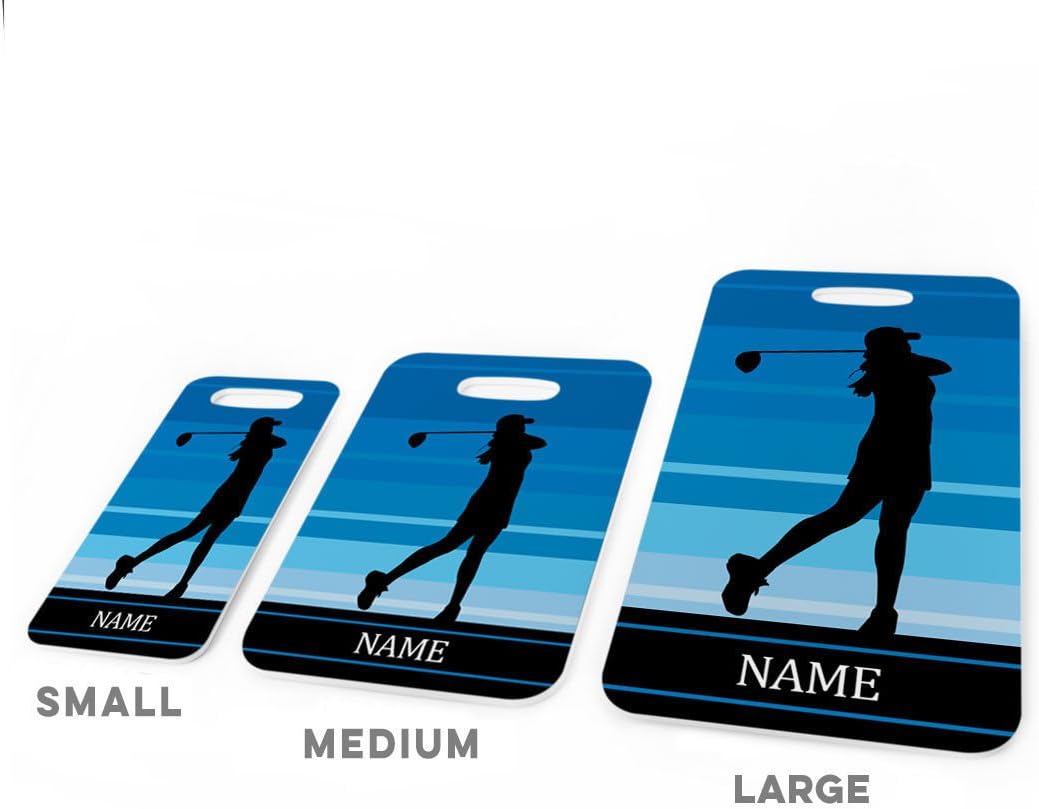 ChalkTalkSPORTS Golf Luggage & Bag Tag | Personalized Female Golfer | Standard Lines on Back | Small | Blue
